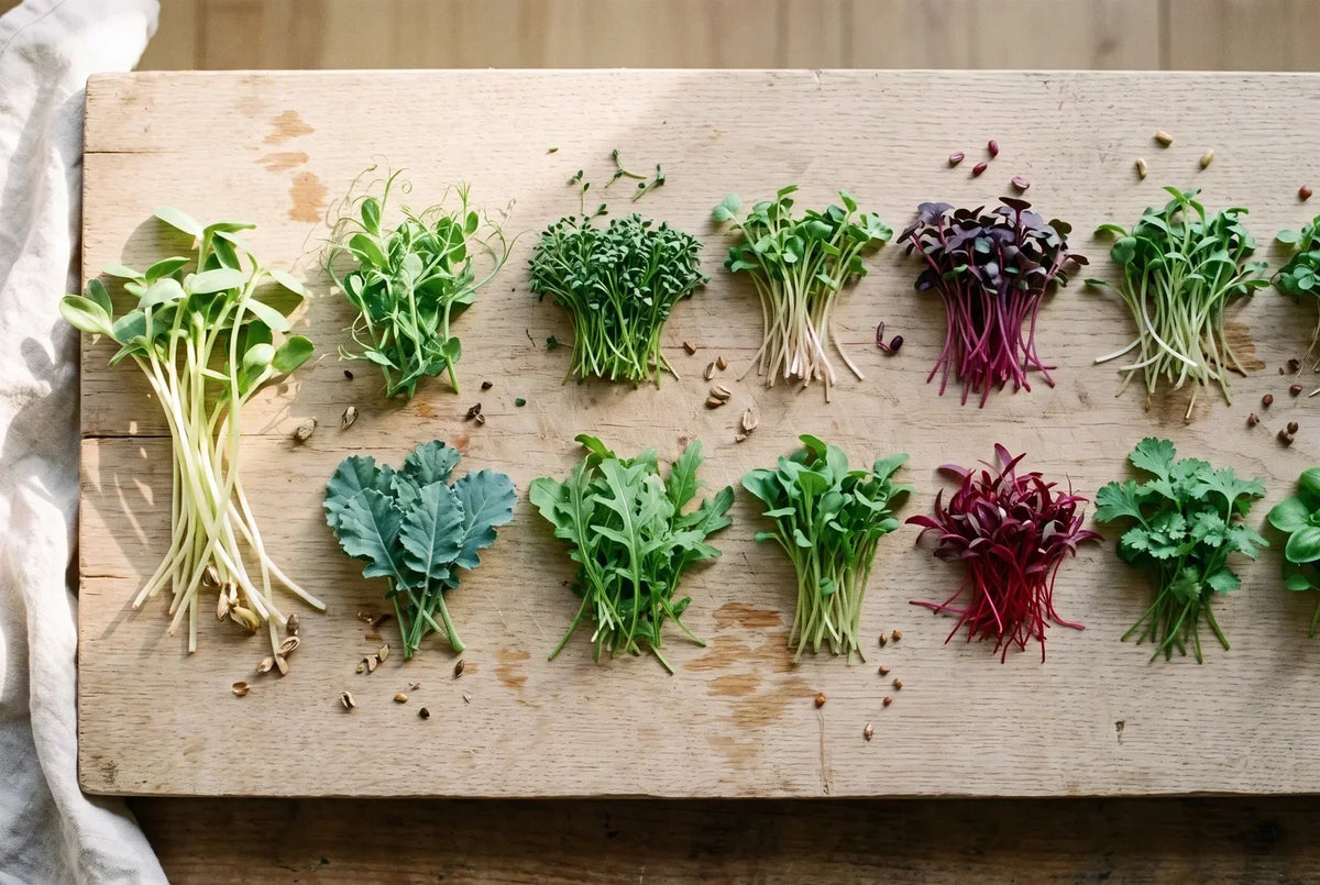 Twelve varieties of microgreens in separate handfuls along a raw oak board