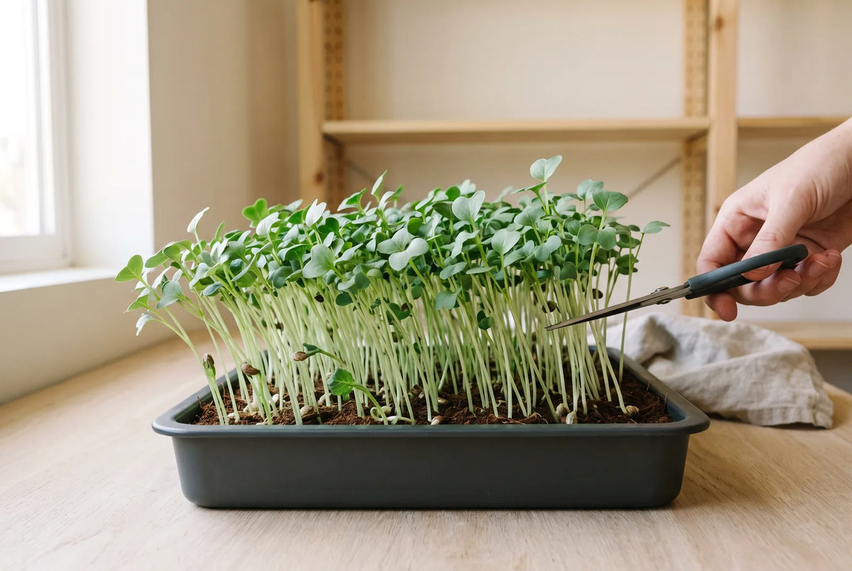 Ten-day broccoli microgreens in a tray with scissors entering the frame to cut
