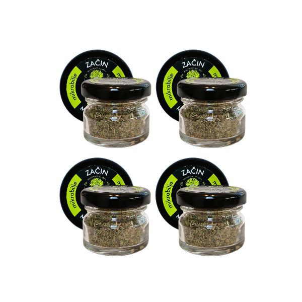 View of four jars of Basic spice arranged in a row. Visual representation of the availability of this universal addition that healthily replaces classic industrial spices.