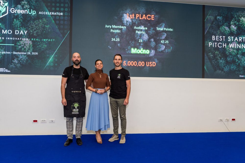 The MOĆNO team at GreenUp Demo Day, in front of the results screen showing first place for MOĆNO
