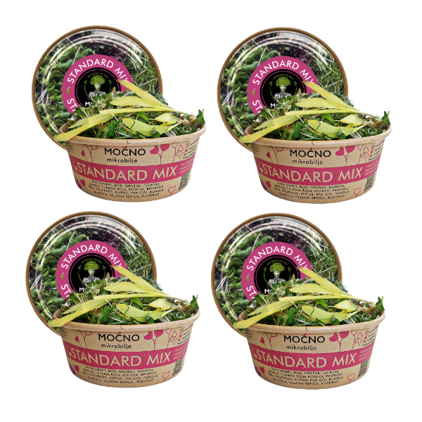 View of four Standard Mix packages. Readiness of the product for delivery to fresh superfood lovers. The message is about the monthly subscription where the user receives one box of microgreens weekly.