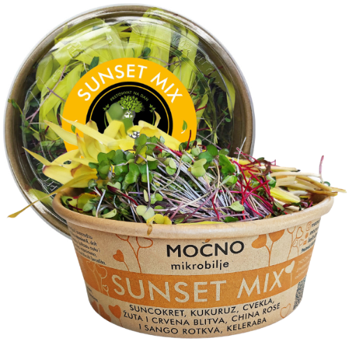 Central view of MOĆNO Sunset Mix. Recognizable yellow label on the lid leaning against eco-packaging full of colorful sunflower, corn, and beetroot microgreens.