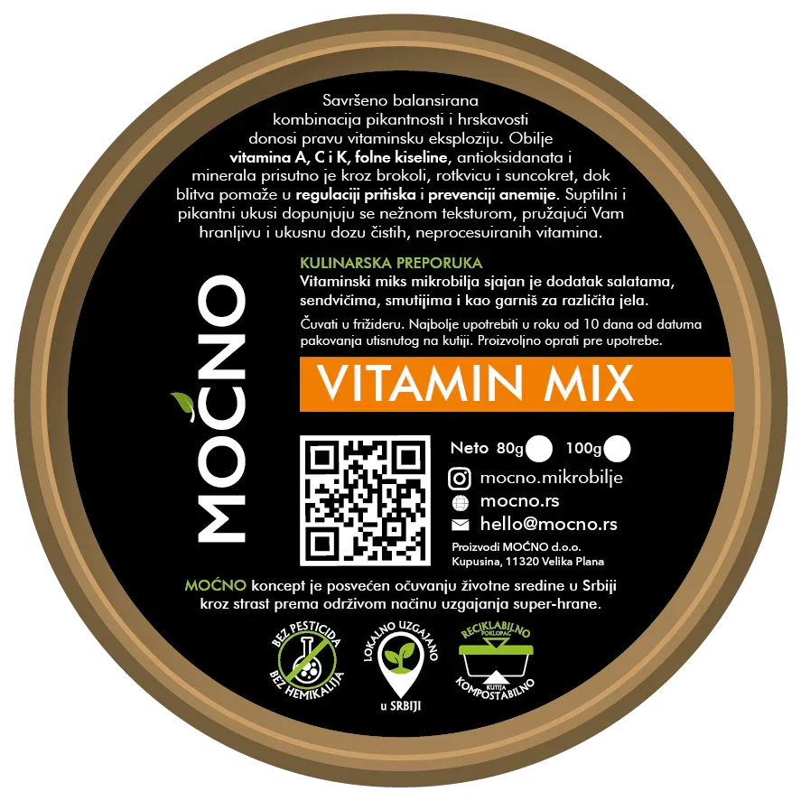 Shot of the bottom side of the packaging with the declaration. Information about nutritional benefits for strengthening bones and the muscular system is visible, as well as a QR code leading to the product item page for Vitamin Mix.