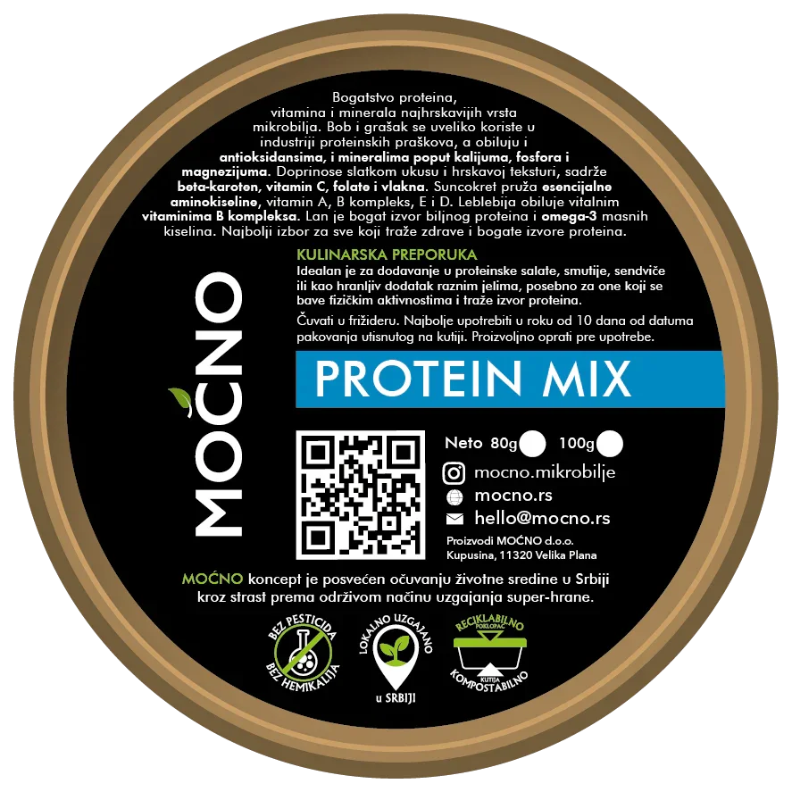 Nutrition declaration on the back of the MOĆNO Protein Mix microgreens tub