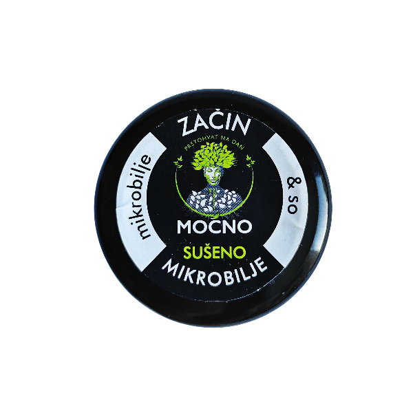 MOĆNO Salt dried microgreens seasoning jar with label, front view