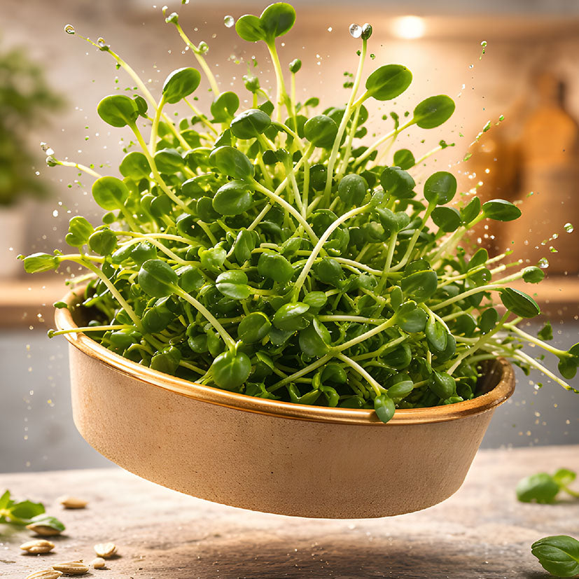 Fresh MOĆNO sunflower microgreens in a bowl on a chef's kitchen counter