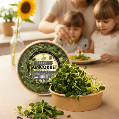 Children enjoying a healthy meal made with MOĆNO sunflower microgreens