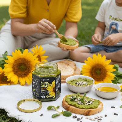MOĆNO Sunny Delight sunflower microgreens pesto in an outdoor breakfast spread