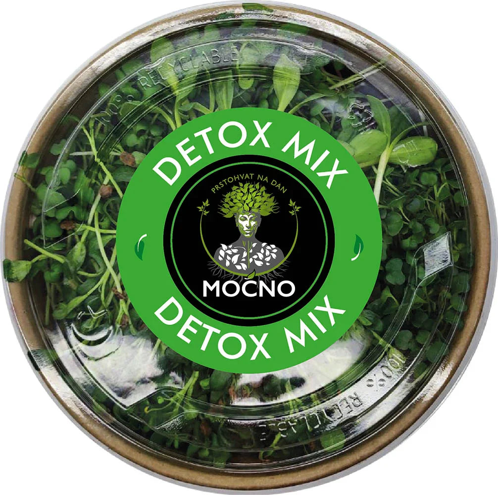MOĆNO Detox Mix fresh microgreens tub with green label, front view