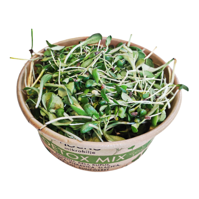 Open tub of MOĆNO Detox Mix fresh microgreens, close-up