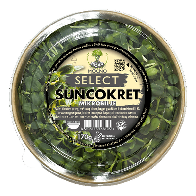 Detailed view of the rich sunflower microgreens packaging, recognizable by its nutritious green leaves and mild nutty flavor.