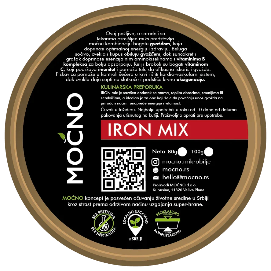Nutrition facts panel on the back of the MOĆNO Iron Mix microgreens tub