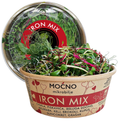 MOĆNO Iron Mix fresh microgreens in a kraft tub, main product shot