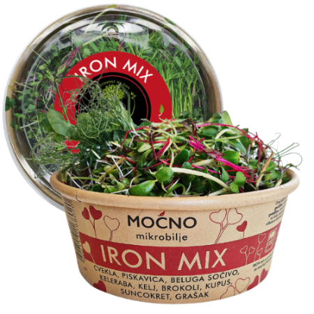 MOĆNO Iron Mix fresh microgreens in a kraft tub, main product shot