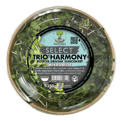 Detailed view of the Trio Harmony microgreens packaging with clearly visible healthy, nutrient-rich sprouts.