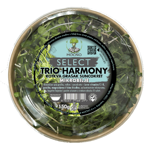Detailed view of the Trio Harmony microgreens packaging with clearly visible healthy, nutrient-rich sprouts.
