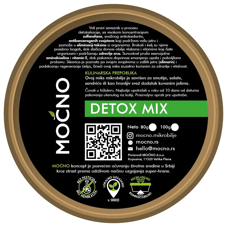 Photo of the back of the packaging with the declaration. Nutritional values and information on how this combination of microgreens helps in eliminating toxins, alkalizing the body, and improving digestion are visible.
