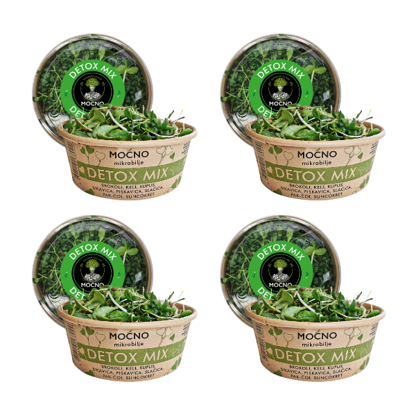 View of four Detox Mix packages arranged in a row. Visual confirmation of the availability of this green energy booster for everyone who wants to reset their body naturally. The message is about the monthly subscription where the user receives one box of microgreens weekly, with our delivery.