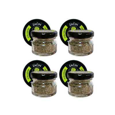 View of four jars of Basic spice arranged in a row. Visual representation of the availability of this universal addition that healthily replaces classic industrial spices.