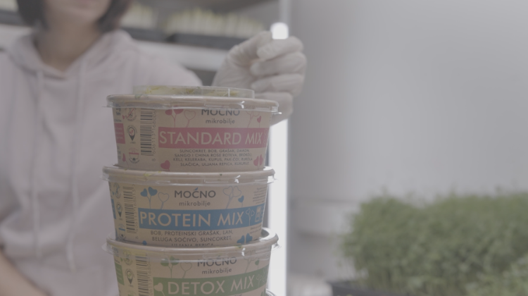 Milena Jovanovic holding a stack of microgreens  protein mix with visible text on labels.