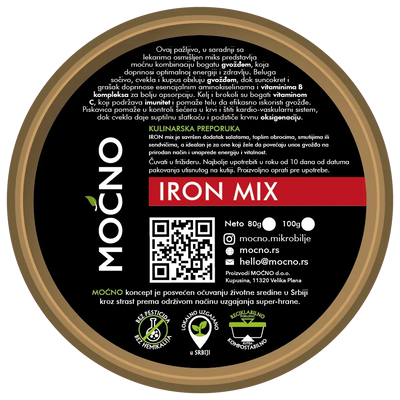 Photo of the bottom part of the packaging with the declaration. Nutritional values and information about the high iron content that helps in the formation of red blood cells and boosts energy are shown.