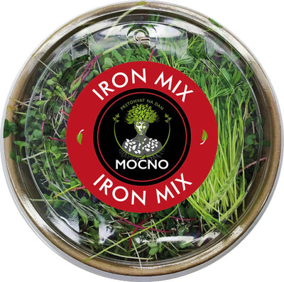 Shot of the Iron Mix lid from above. The red label design with the MOĆNO logo and clearly written ingredients dominates: beetroot, wheat, white lentils, spinach, kale, broccoli, rapini, sunflower, and peas.