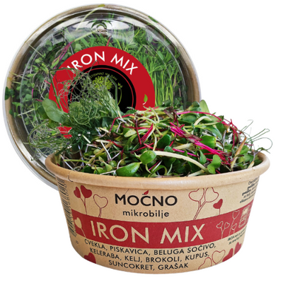 Central view of the MOĆNO Iron Mix packaging. Red label on the lid leaning against a bowl full of fresh beetroot, lentil, and wheat microgreens.