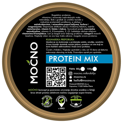 Photo of the bottom part of the packaging with the declaration. Nutritional values with a focus on high protein content, barcode, and QR code are visible.