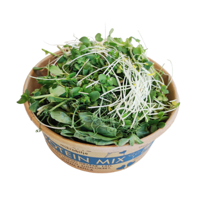 Detailed close-up view of the open Protein Mix packaging. The dense texture of crunchy sunflower leaves and pea microgreens is visible, highlighting volume and freshness.