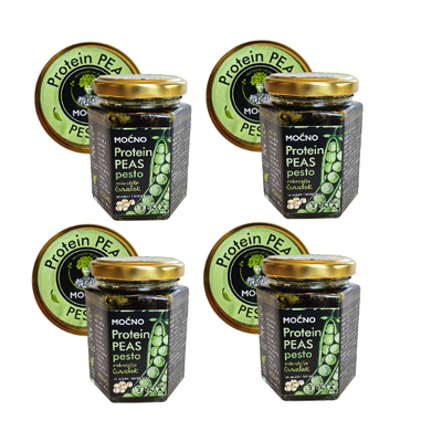 View of four jars of Protein Peas pesto arranged in a row. Visual confirmation of the availability of this protein spread that combines the nutritional power of microgreens and the fresh taste of nature.