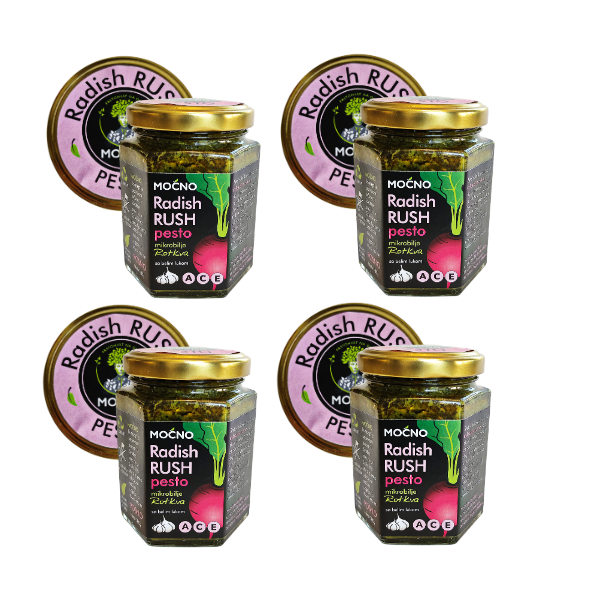 View of four jars of Radish Rush pesto arranged in a row. Visual confirmation of the availability of this spicy spread, ideal for lovers of strong and authentic flavors.