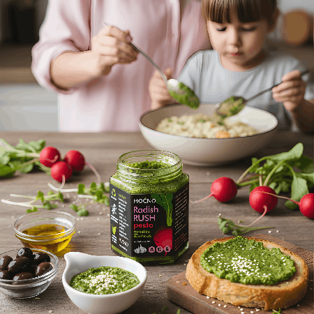 Serving view in the kitchen: a child waiting for a meal in the background, while in the foreground there is the spread and bread richly coated with Radish Rush pesto, surrounded by fresh radishes.