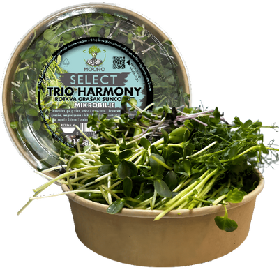 MOĆNO Select Trio Harmony mix - a fresh combination of radish, peas, and sunflower in eco-friendly packaging.