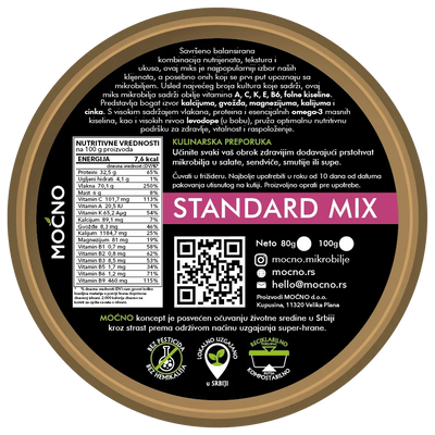 Shot of the bottom part of the packaging with a detailed declaration. Nutritional values, mixture ingredients, and information on how this mix helps strengthen immunity and regulate digestion are shown.