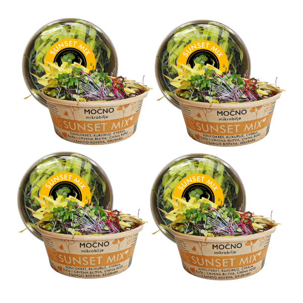 View of four Sunset Mix packages arranged in a row. Visual confirmation of the availability of this energy mixture that, with its color and composition, creates a real energy boost. The message is about the monthly subscription where the user receives one box of microgreens weekly, with our delivery.
