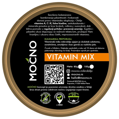 Shot of the bottom side of the packaging with the declaration. Information about nutritional benefits for strengthening bones and the muscular system is visible, as well as a QR code leading to the product item page for Vitamin Mix.