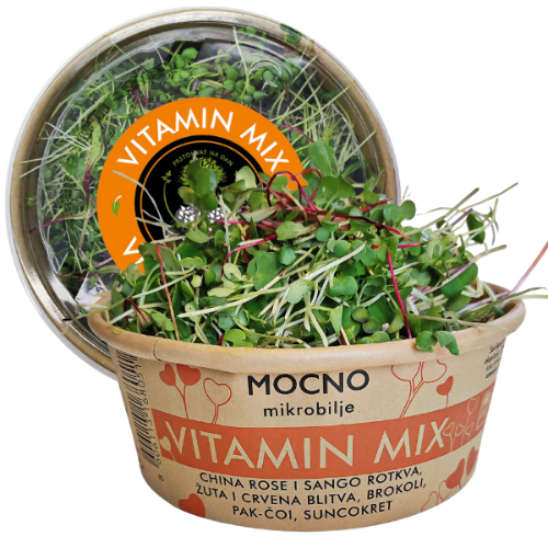 Central view of MOĆNO Vitamin Mix in sustainable packaging. An orange label dominates the lid, and in the foreground is a rich mixture of sango radish and broccoli.