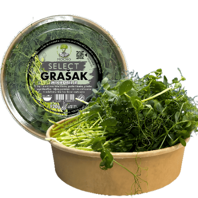 MOĆNO SELECT pea shoot microgreens in a kraft tub