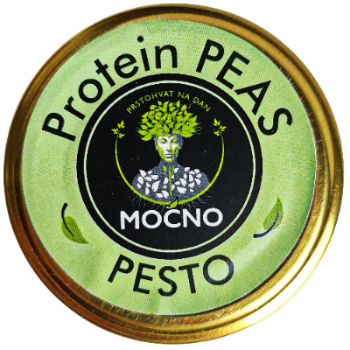 MOĆNO Protein Peas microgreens pesto jar with green lid label, front view
