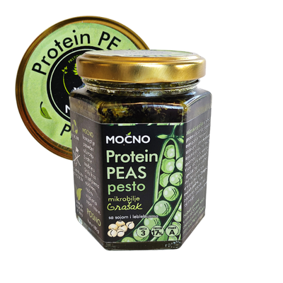MOĆNO Protein Peas microgreens pesto in a glass jar, main product shot