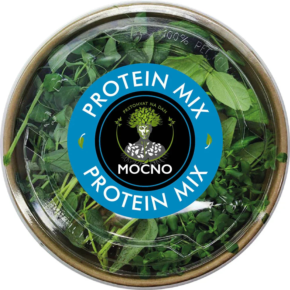 MOĆNO Protein Mix fresh microgreens tub with blue label, front view