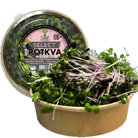 MOĆNO SELECT radish microgreens with pink stems in a kraft tub
