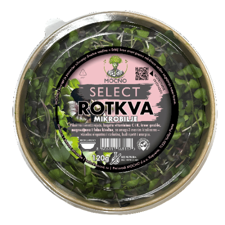 Top view of a MOĆNO SELECT radish microgreens superfood tub