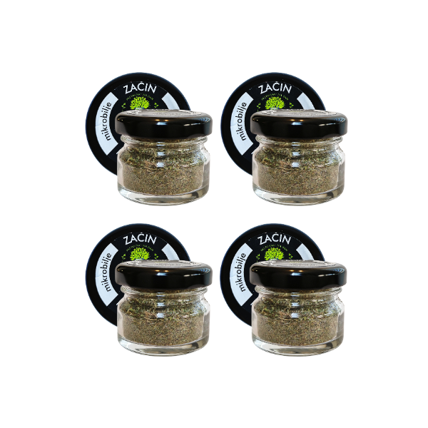 Four jars of MOĆNO Salt dried microgreens seasoning grouped together