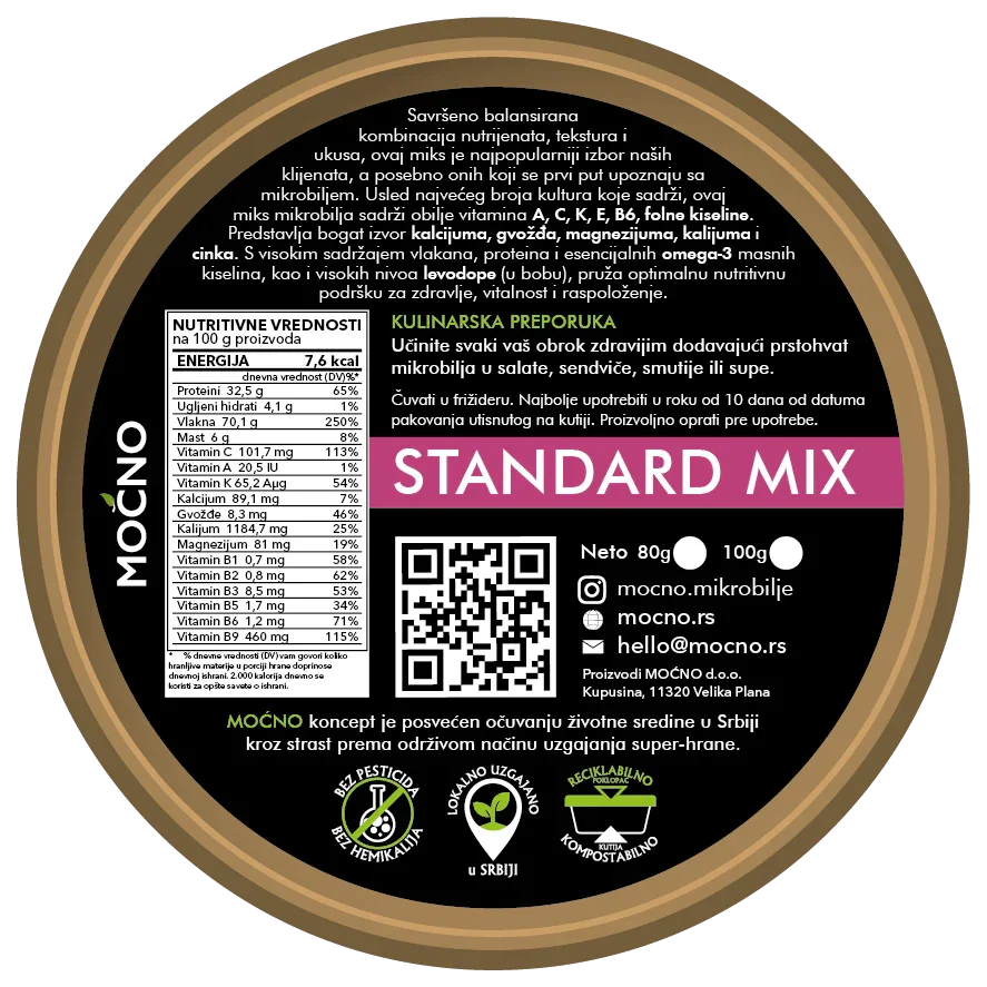 Nutrition facts panel on the back of the MOĆNO Standard Mix microgreens tub