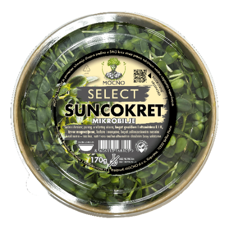 Top view of a sealed MOĆNO SELECT sunflower microgreens superfood tub
