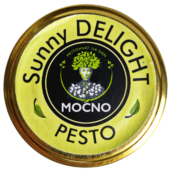 MOĆNO Sunny Delight sunflower microgreens pesto jar with yellow lid label, front view