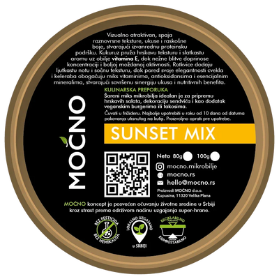 Nutrition facts panel on the back of the MOĆNO Sunset Mix microgreens tub