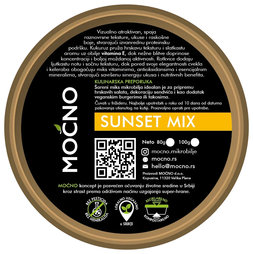 Nutrition facts panel on the back of the MOĆNO Sunset Mix microgreens tub