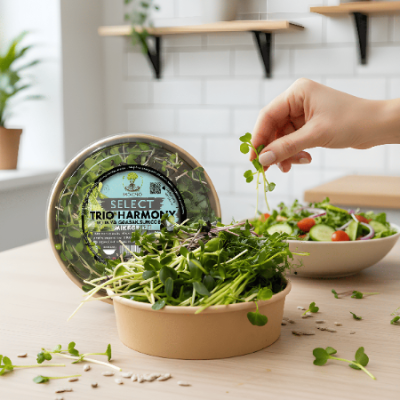 Hand sprinkling MOĆNO Trio Harmony microgreens over a fresh salad